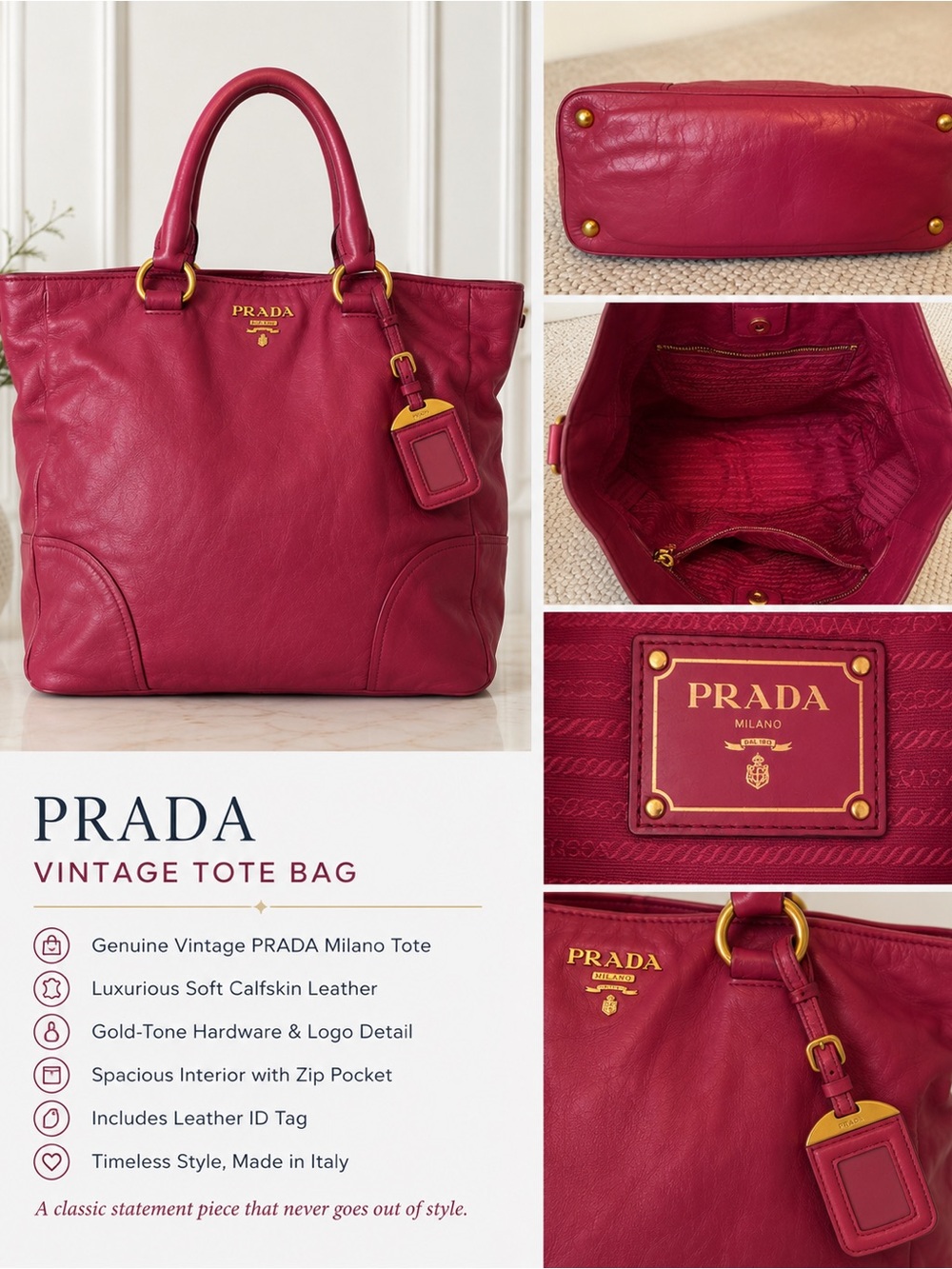 Prada Vitello Daino Pink Leather Tote Bag – Vintage Authentic Luxury Handbag